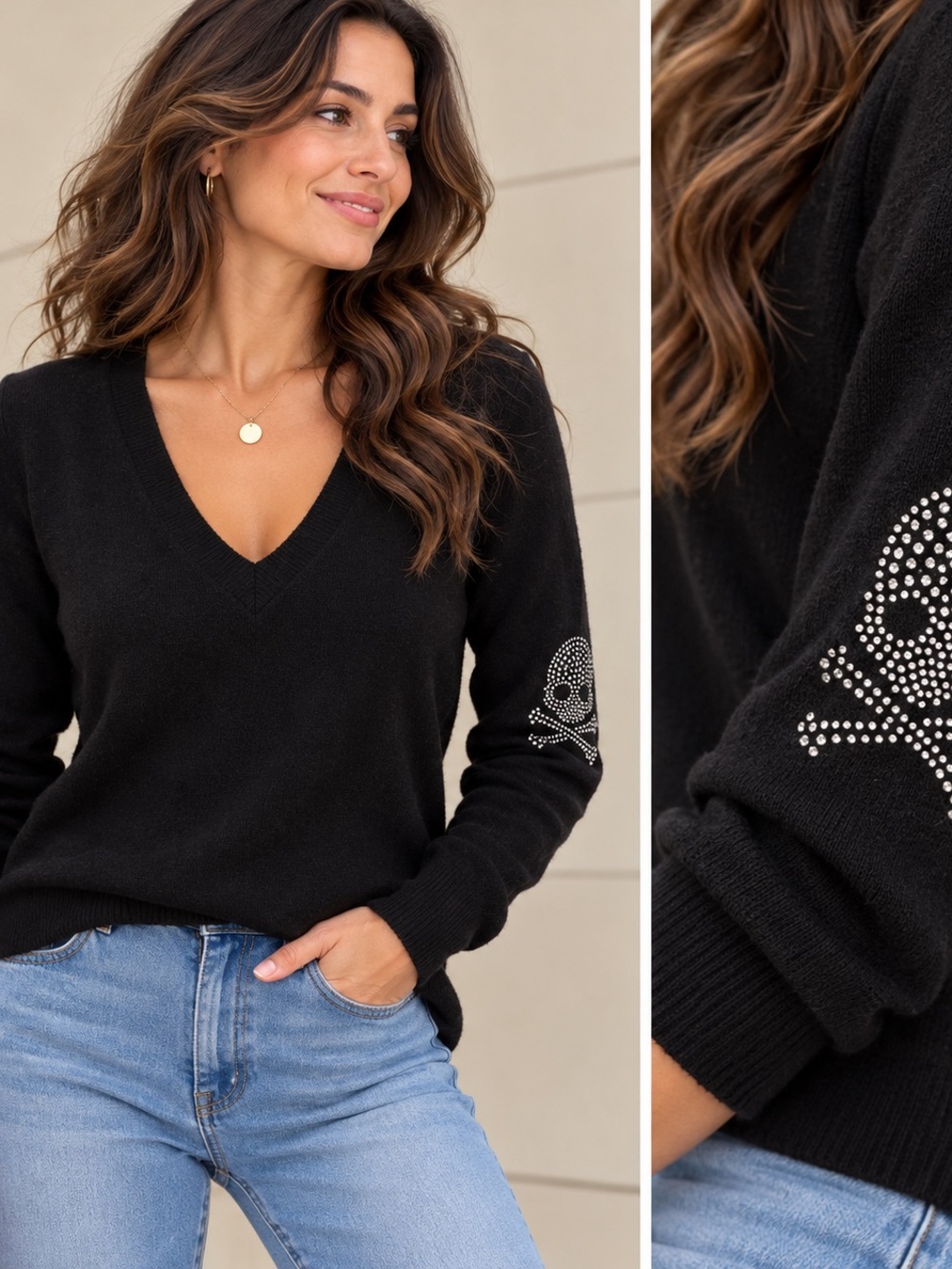 🏴‍☠️MAKE OFFER🏴‍☠️ Goats Cashmere Black V-Neck Sweater Rhinestone Skull Sleeve M